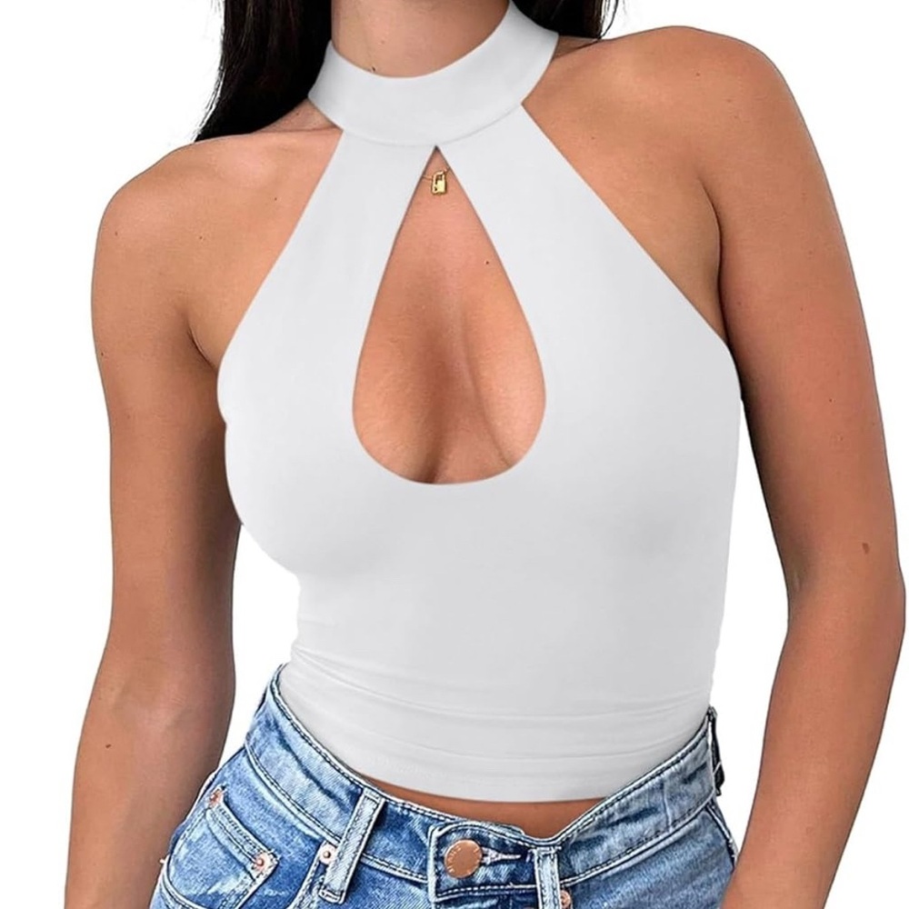 White Halter Neck Keyhole Top